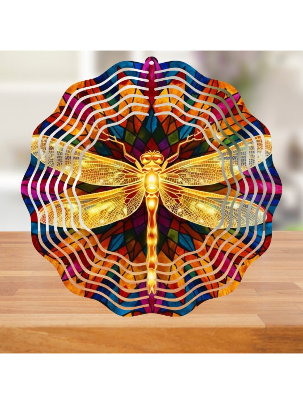 Dragonfly Wind Spinner 10" Metal Colorful Stained Glass Look Outdoor Yard Decor